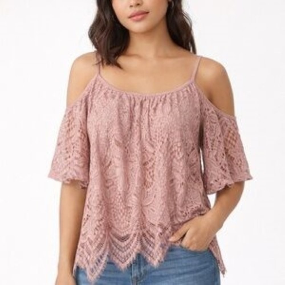 MM By My Michelle‎ Blouse Juniors M Pink Lace Cold Shoulder Fringe Top Party